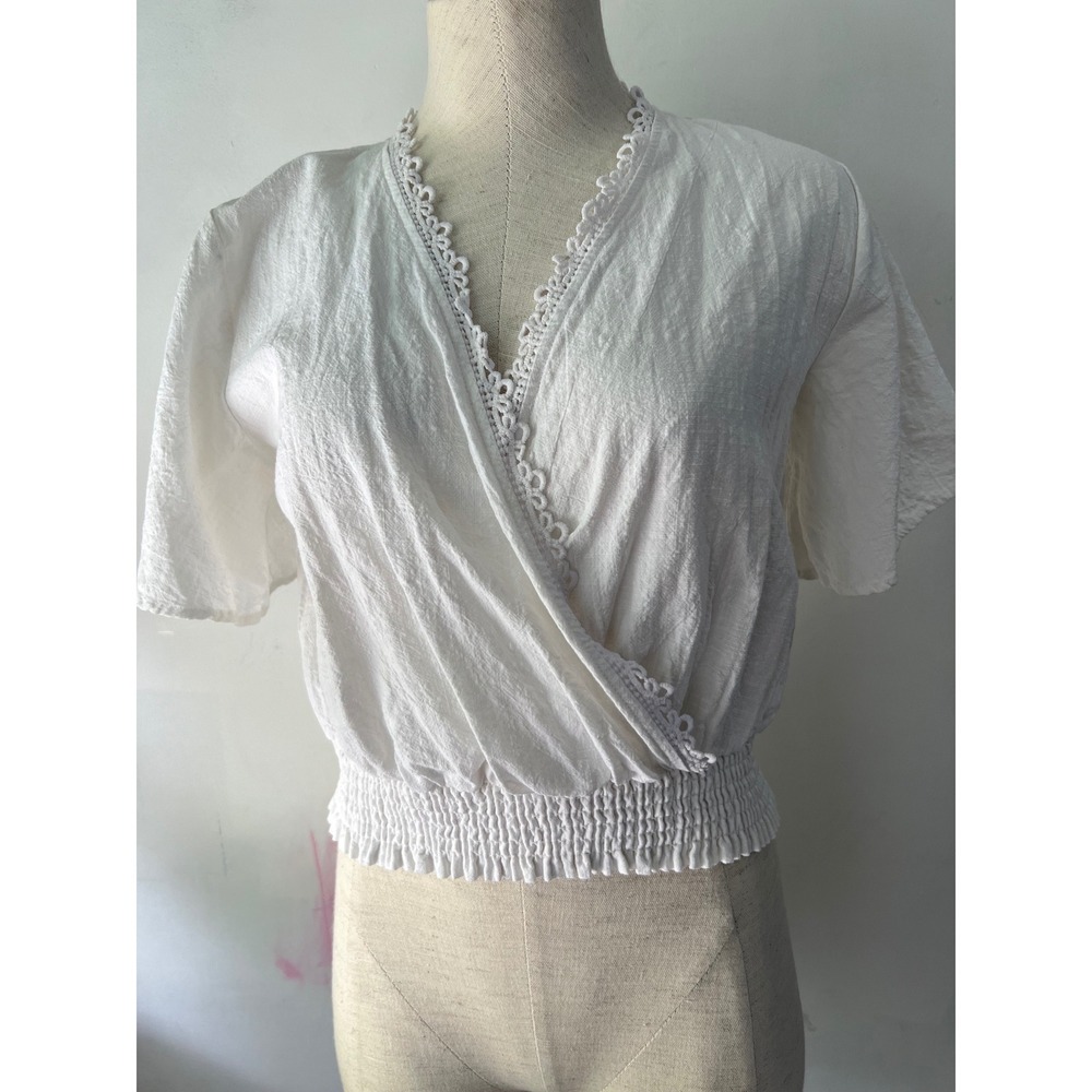 Women White 100% Cotton Crochet Lace Wrap Smocked Waist Summer Coquette Blouse S